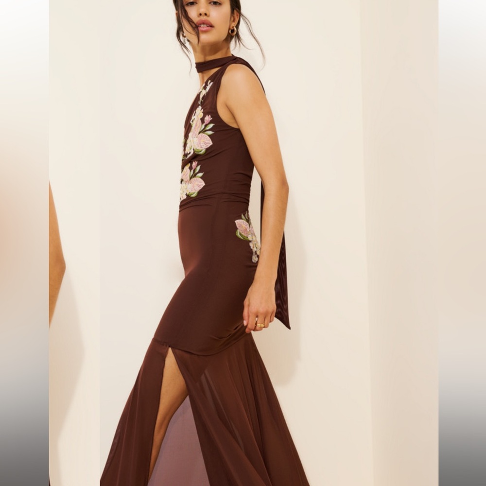 Anthropologie SAEMDI chocolate brown embroidered floral w neck scarf maxi large - Picture 2 of 16